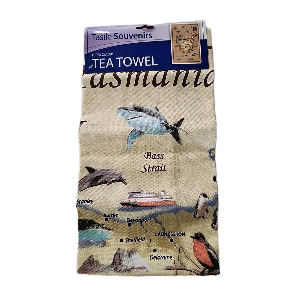 NEW Tasmania Tea Towel~100% Cotton Tasile Souvenirs Australian Animals Map NWT
